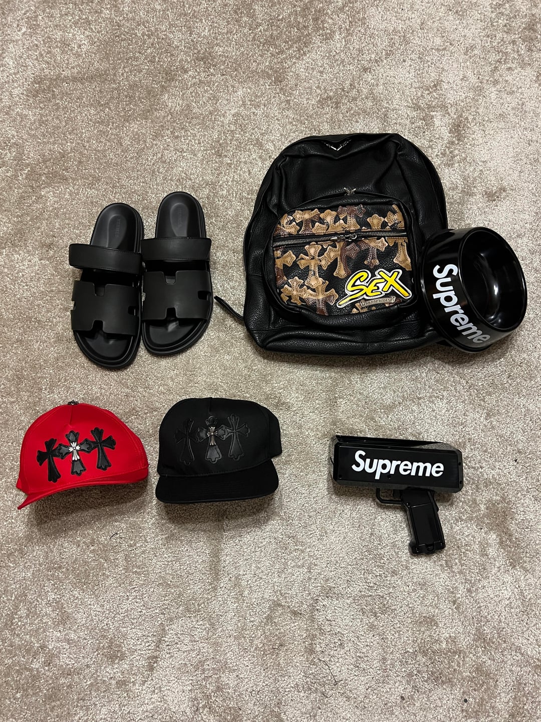 Cross-patch backpack, sandals, caps and small accessories
