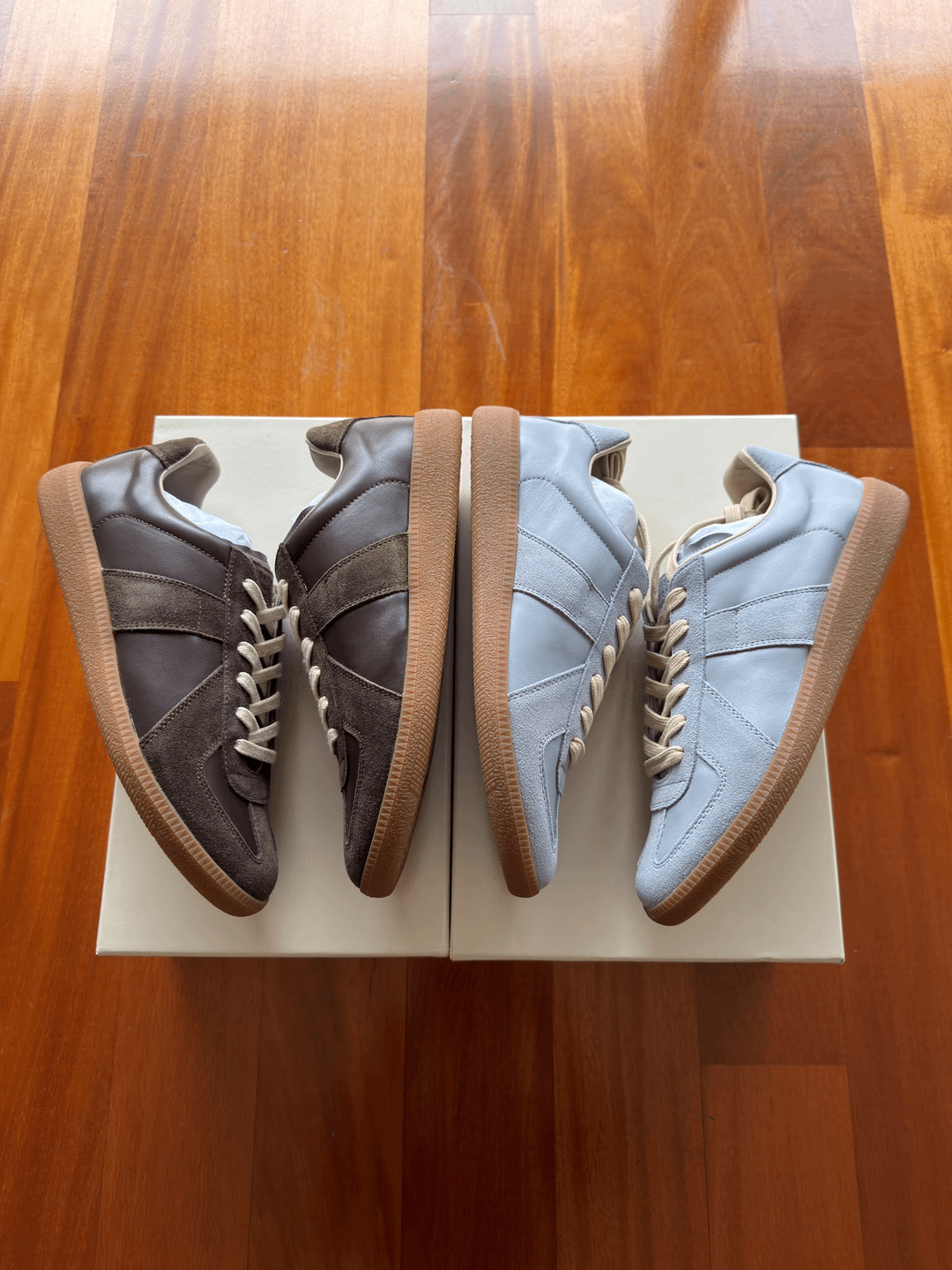Brown and pale-blue GAT-style trainers, side view