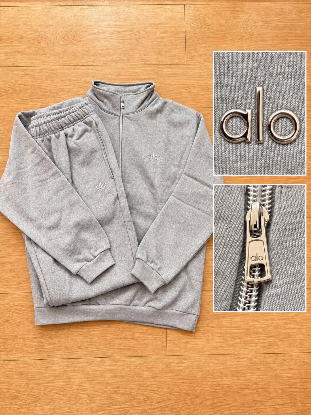 Grey Alo quarter-zip top and detail photographs