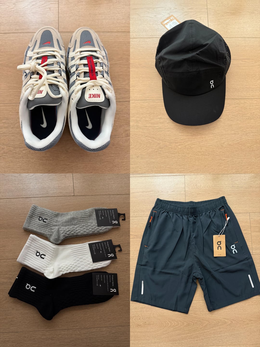 Nike P-6000 trainers, black cap, athletic socks and shorts